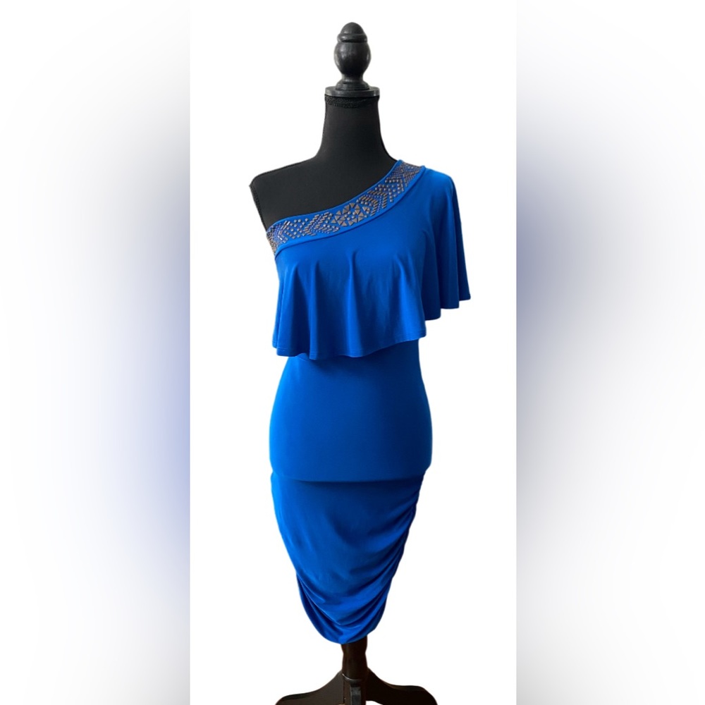 Forever 21: Blue One Shoulder Bodycon Dress with Overlay